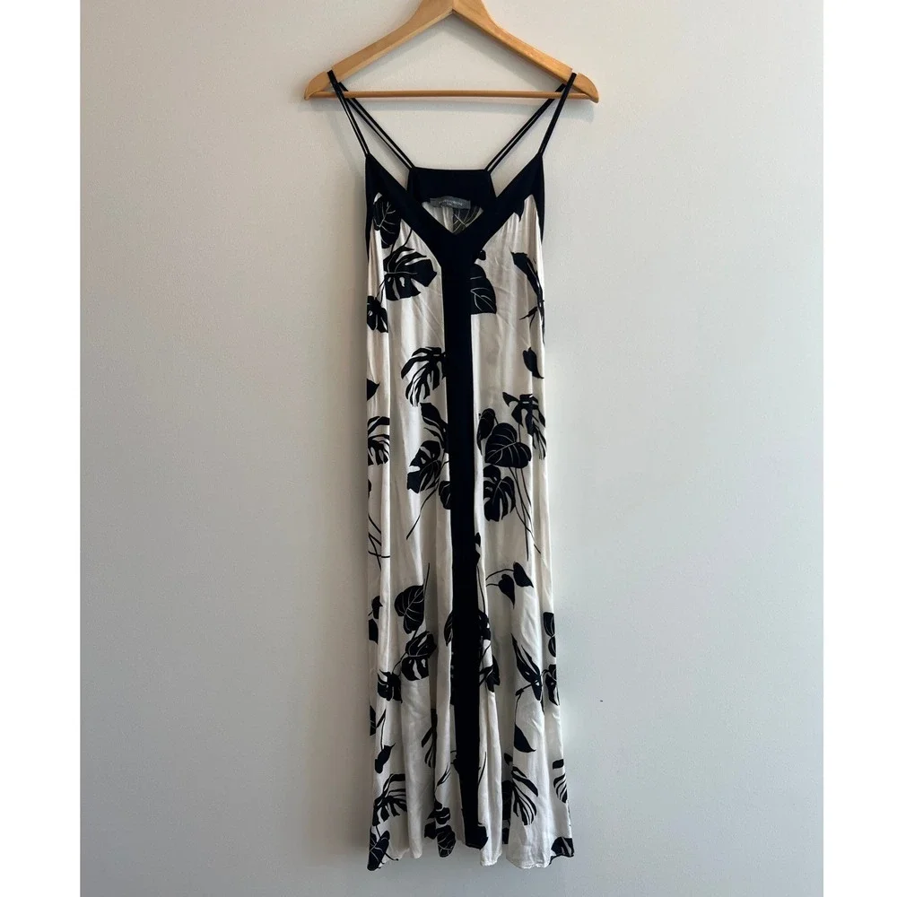 Sandro Ferrone Roma Resort Midi Dress 42 Black White‎ Tropical Monstera Leaf